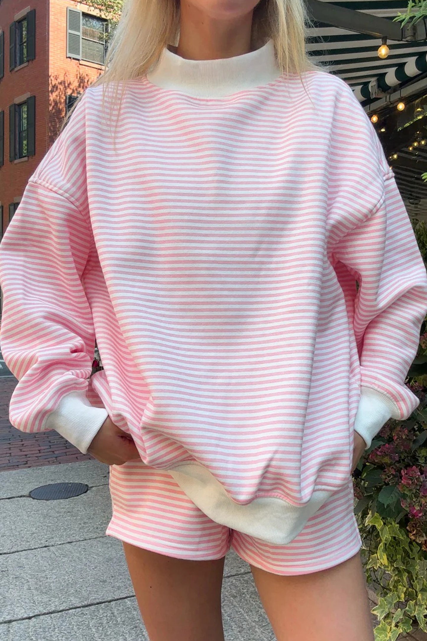Light Pink Stripe Oversize Mock Neck Sweatshirt and Shorts Set