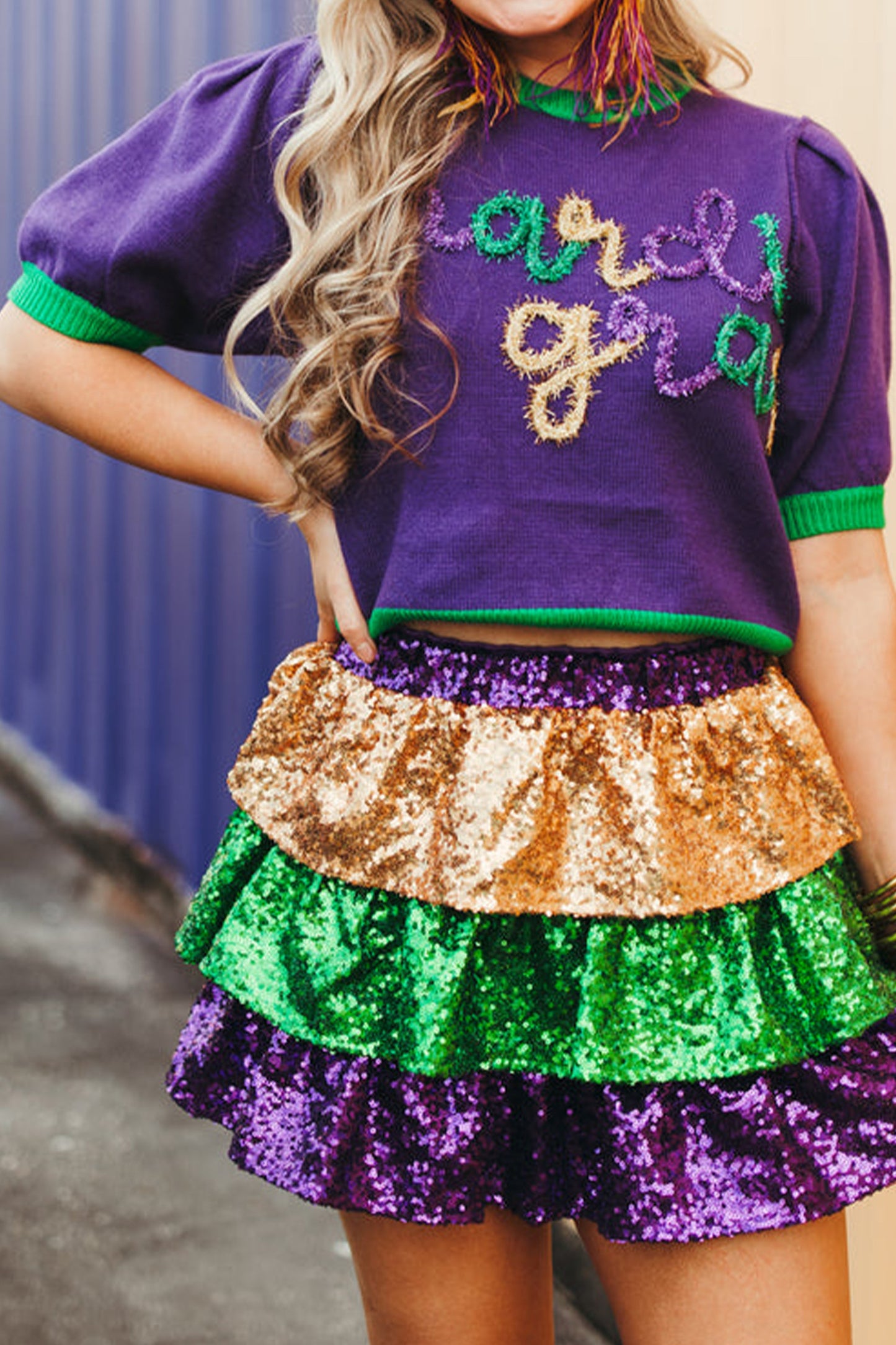 Purple Mardi Gras Tinsel Short Sleeve Sweater