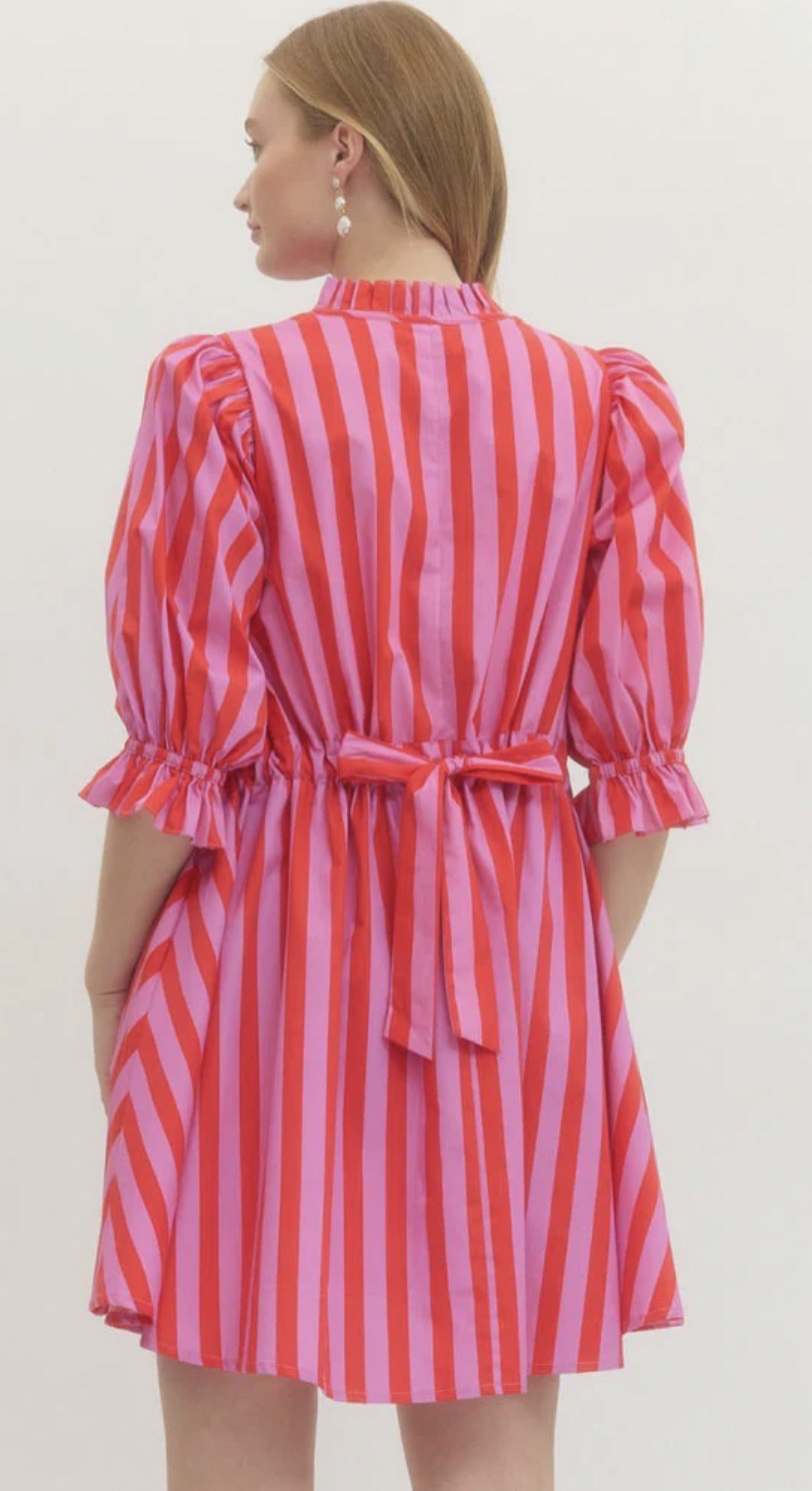 Striped 3/4 Puff Sleeve Mini Dress in Pink