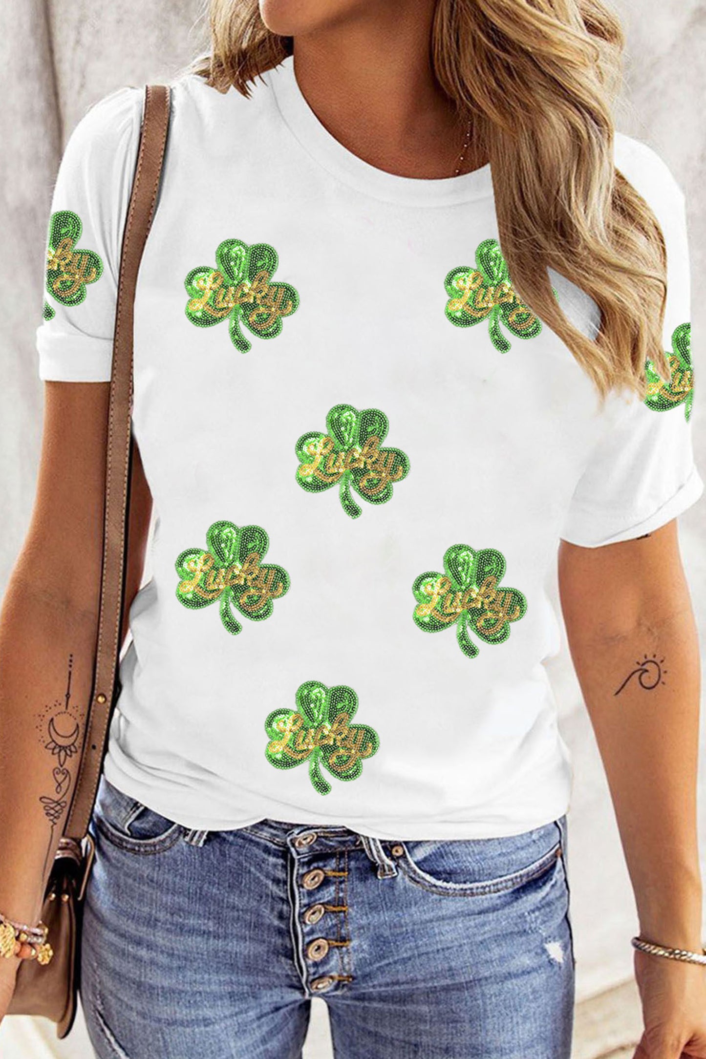 White Sequin Lucky Clover Tee