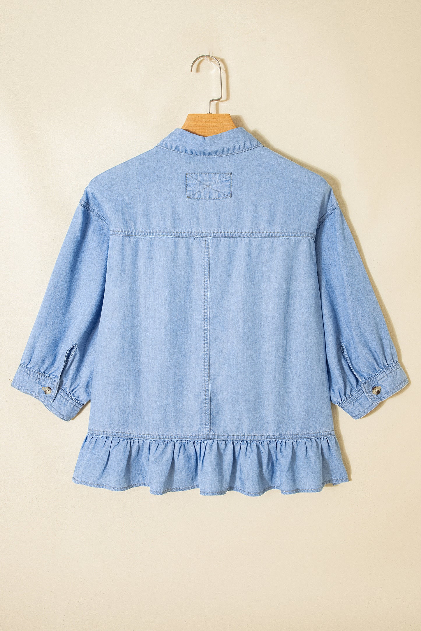 Button Down Ruffled High Low Chambray Shirt
