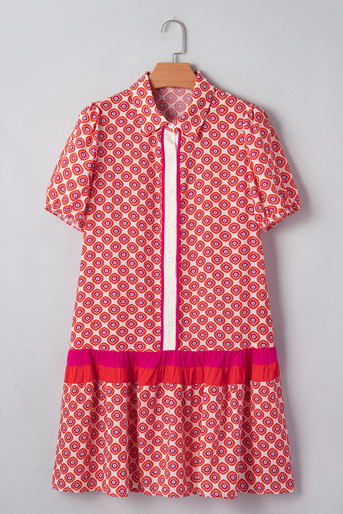 Hot Pink Geometric Print Color Block Trim Button Front Ruffle Hem Dress