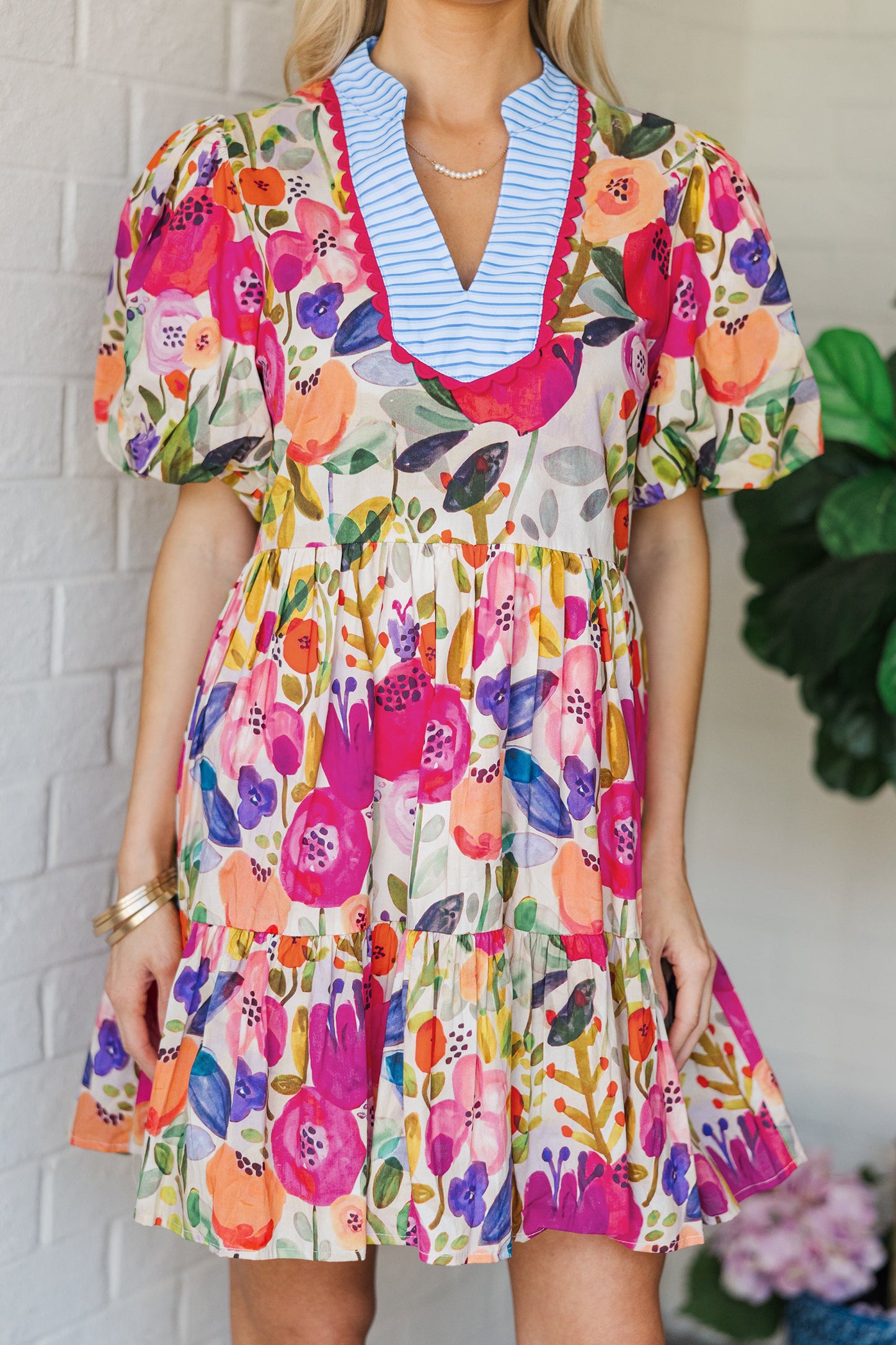 Bright Floral Print Ricrac Trim Striped Patchwork V Neck Dress