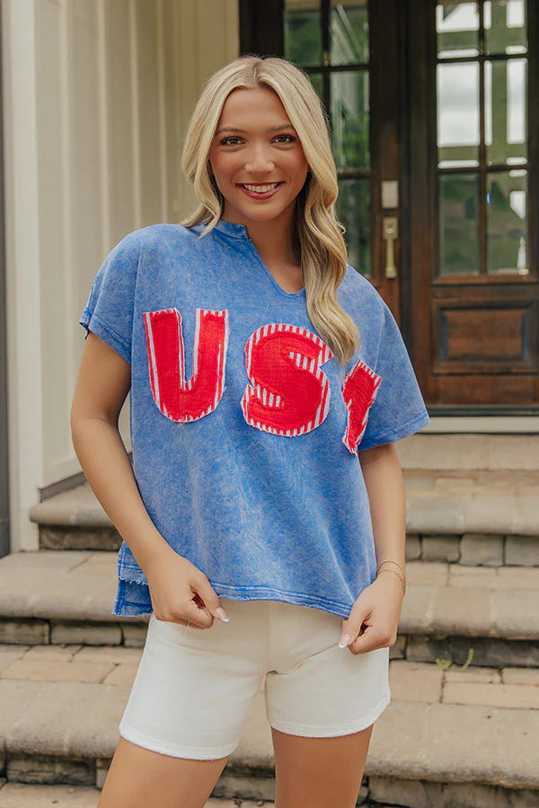 USA Patch Vintage Wash Blue Top