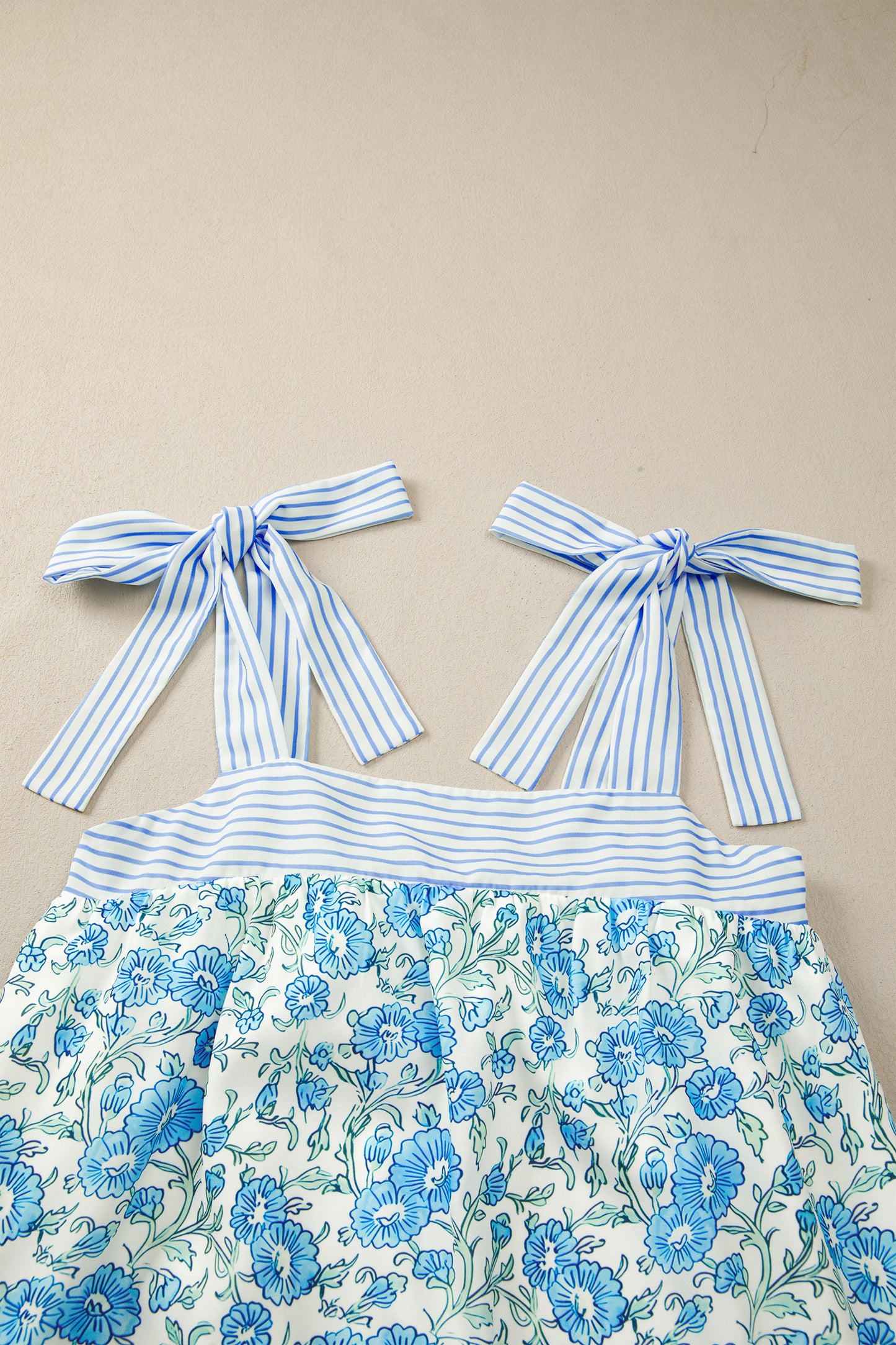 Sky Blue Floral Print Striped Bow Knot Dress