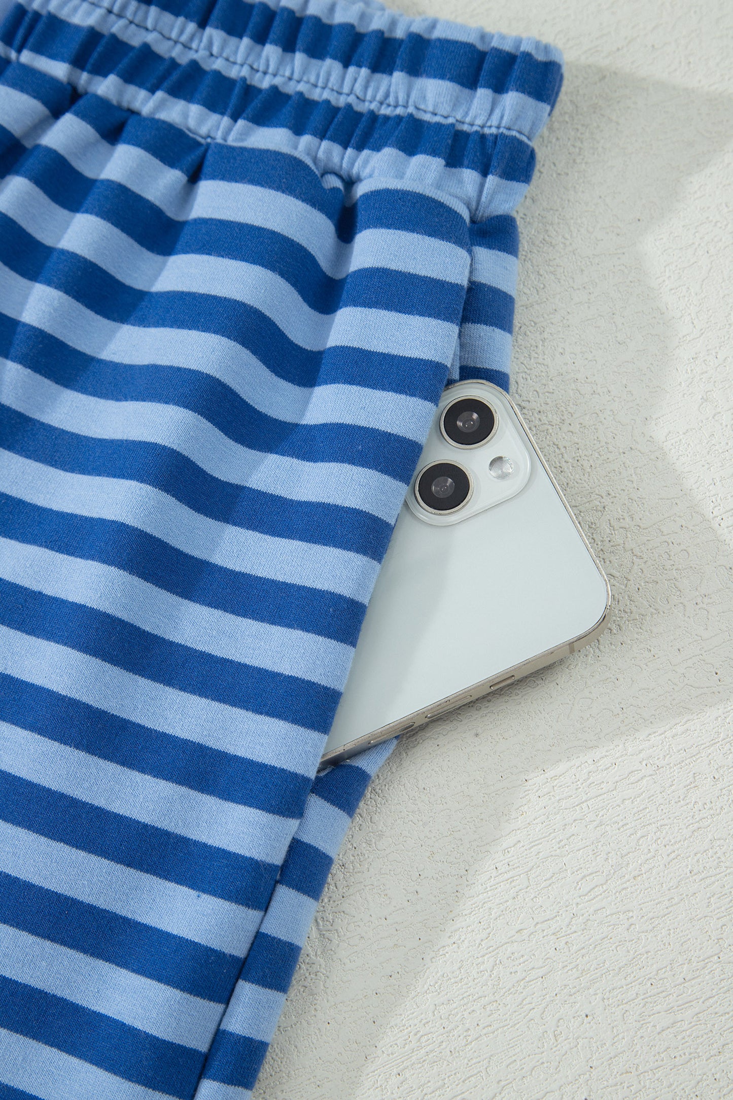 Blue Stripe Striped Ribbed Cotton Two-Piece Short Set