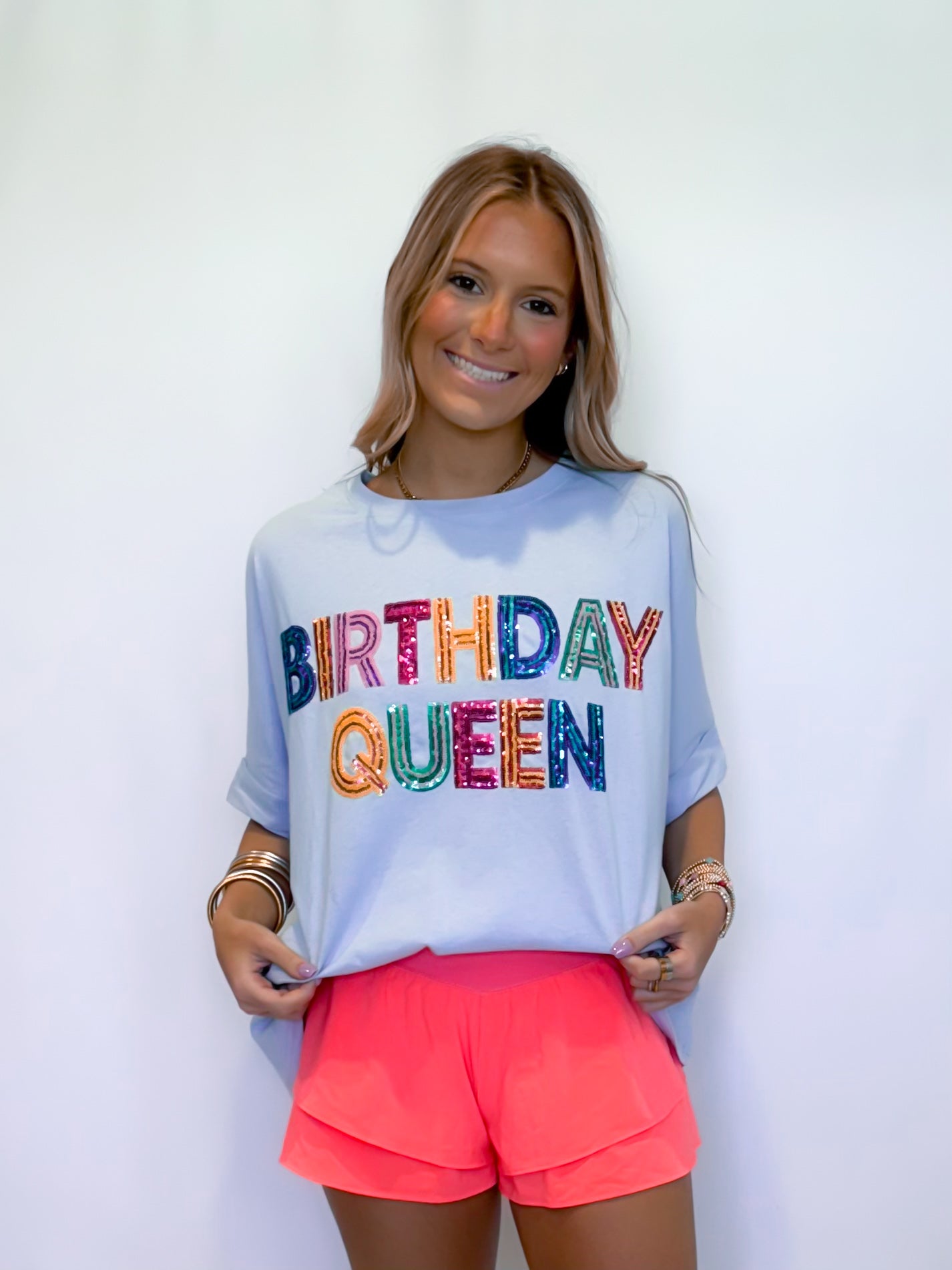 Oversized Blue Sequin “Birthday Queen” Tee