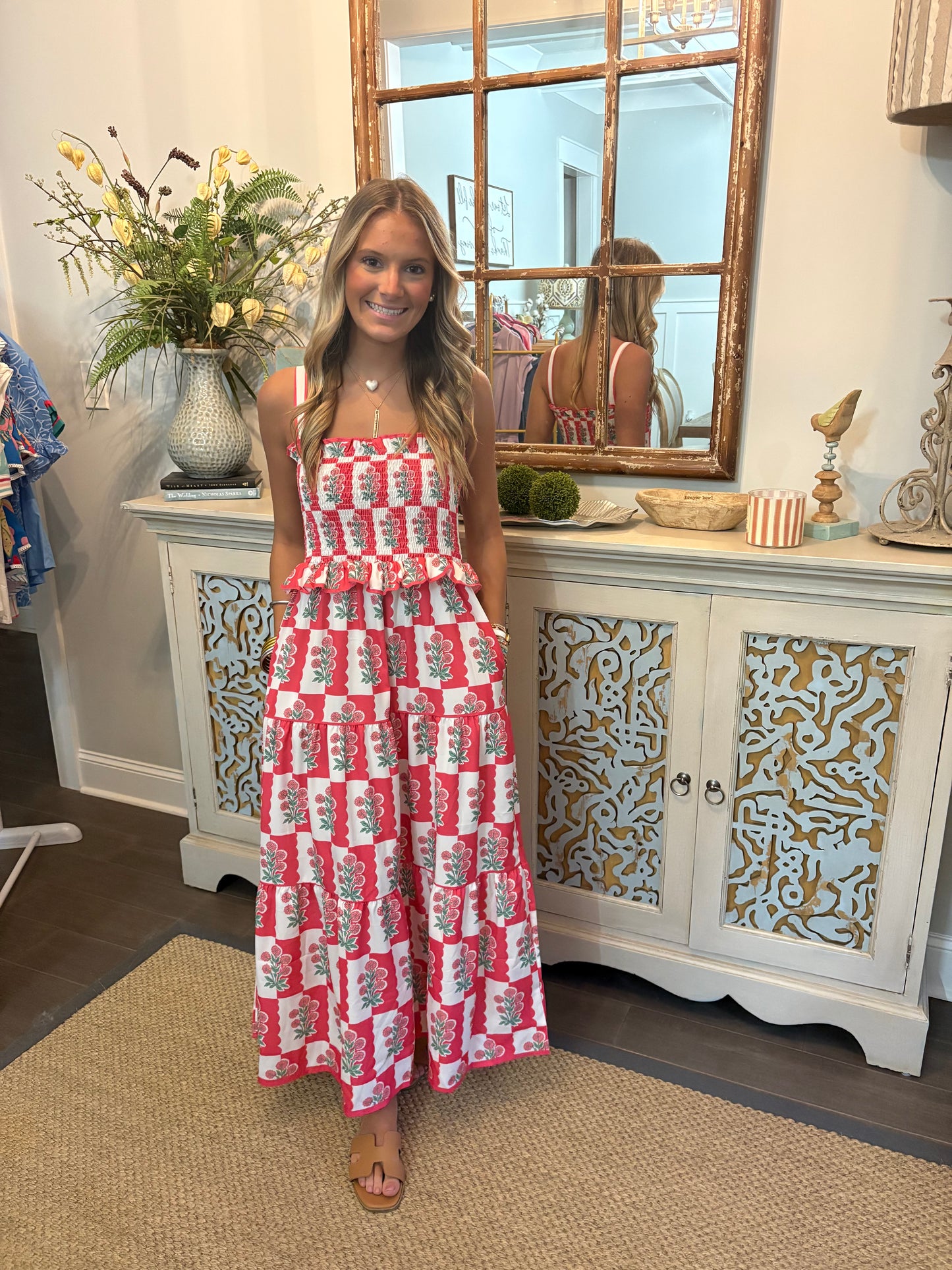 Pink White Floral Print Smocked Ruffle Maxi Dress
