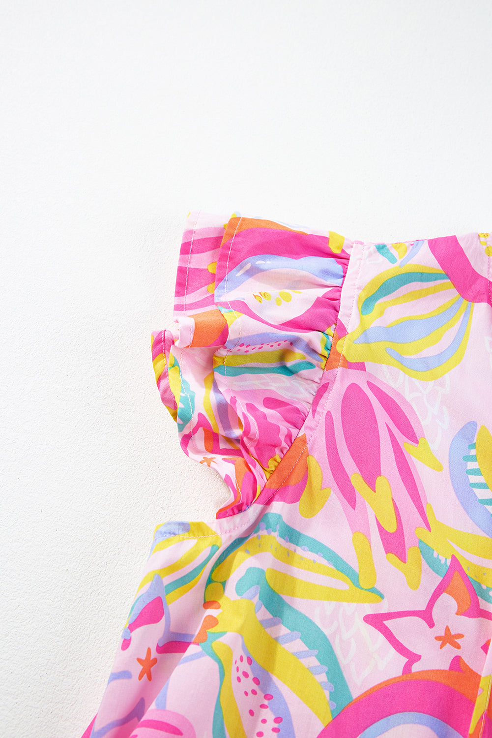 Pink Abstract Floral Ruffle Trim Flutter Sleeve Dress