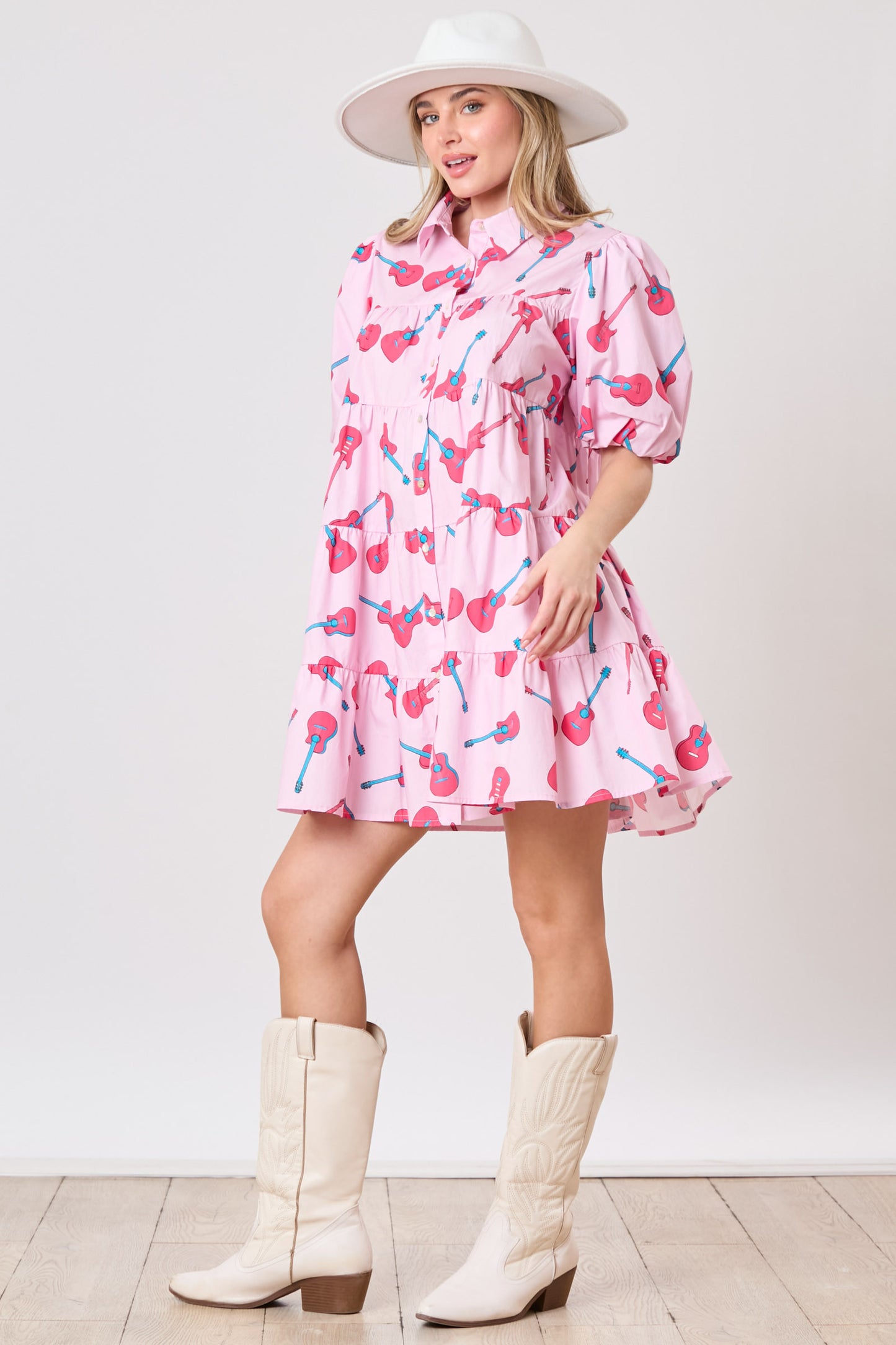 Pink Guitar Print Puff Sleeve Shirt Dress