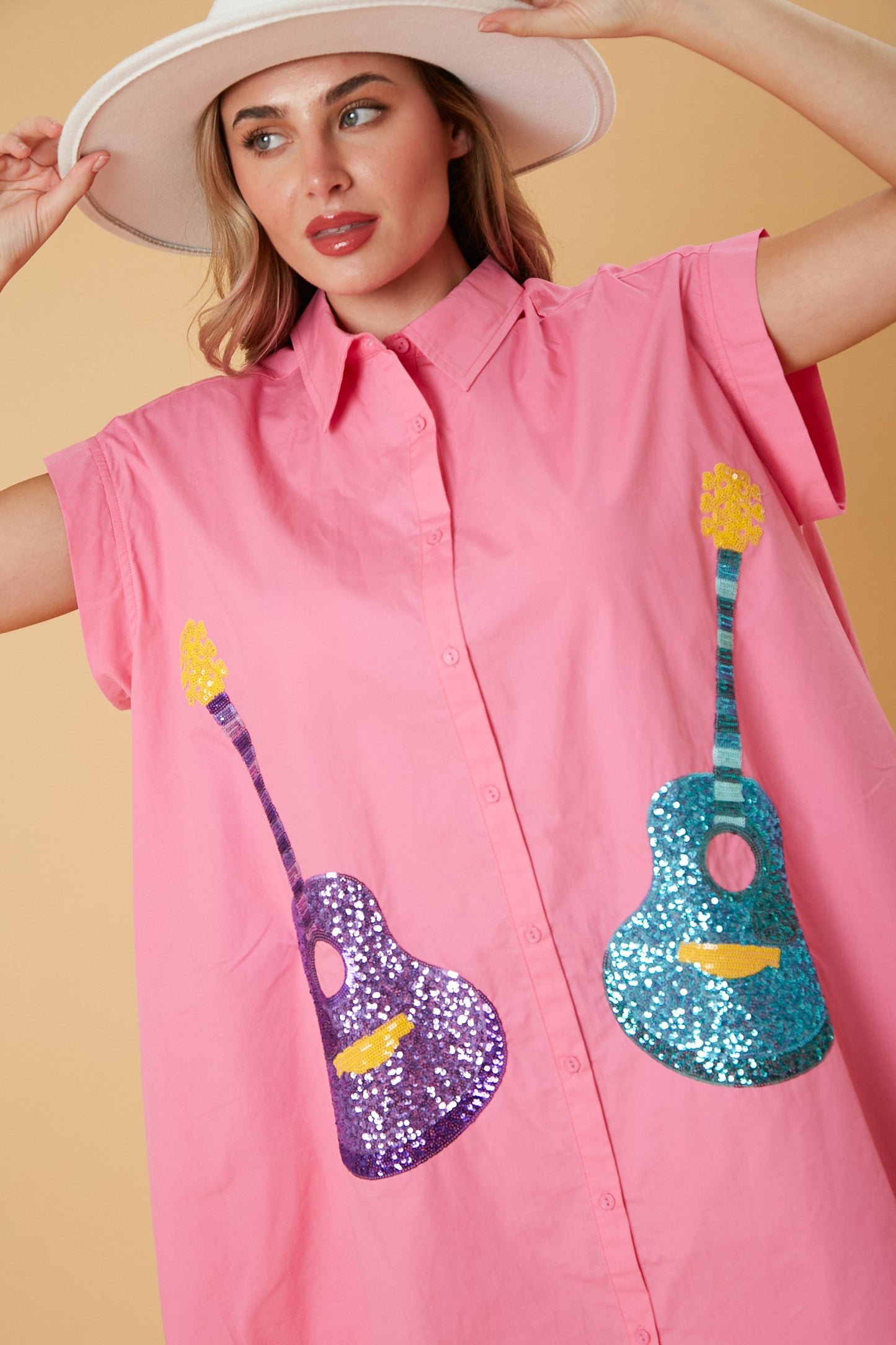 Hot Pink Sequin Guitars Button Down Shirt Dress