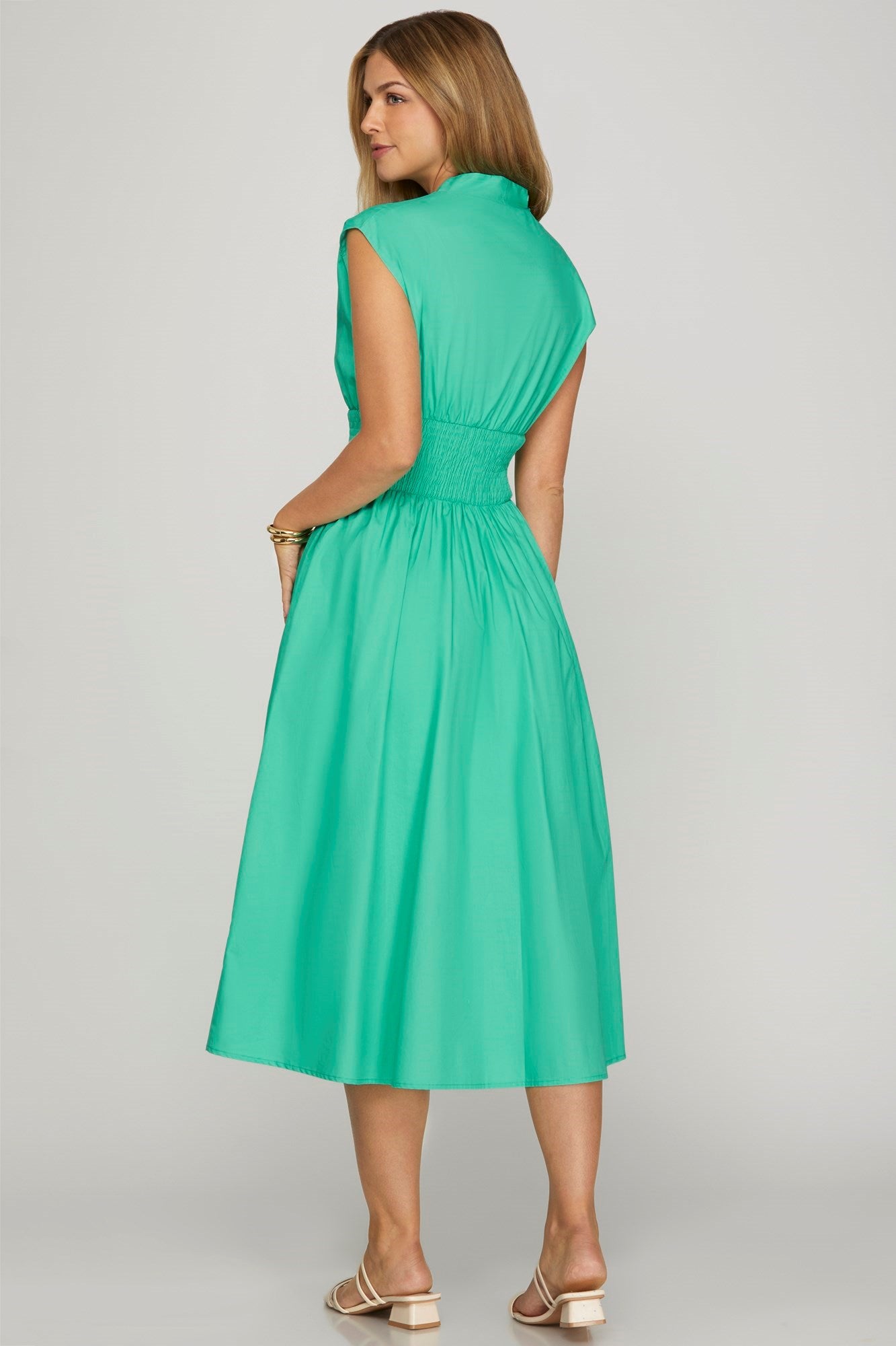 Jade Zip Front Shirred Waist Midi Dress