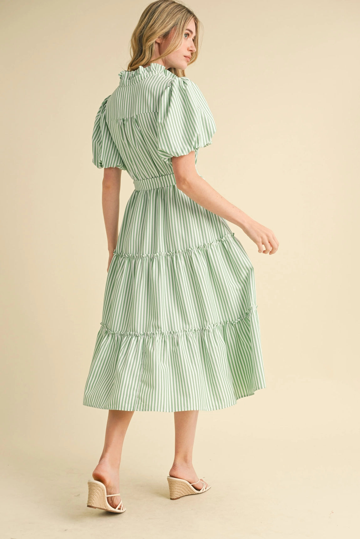 Green Striped Ruffled Button Down Midi Dress