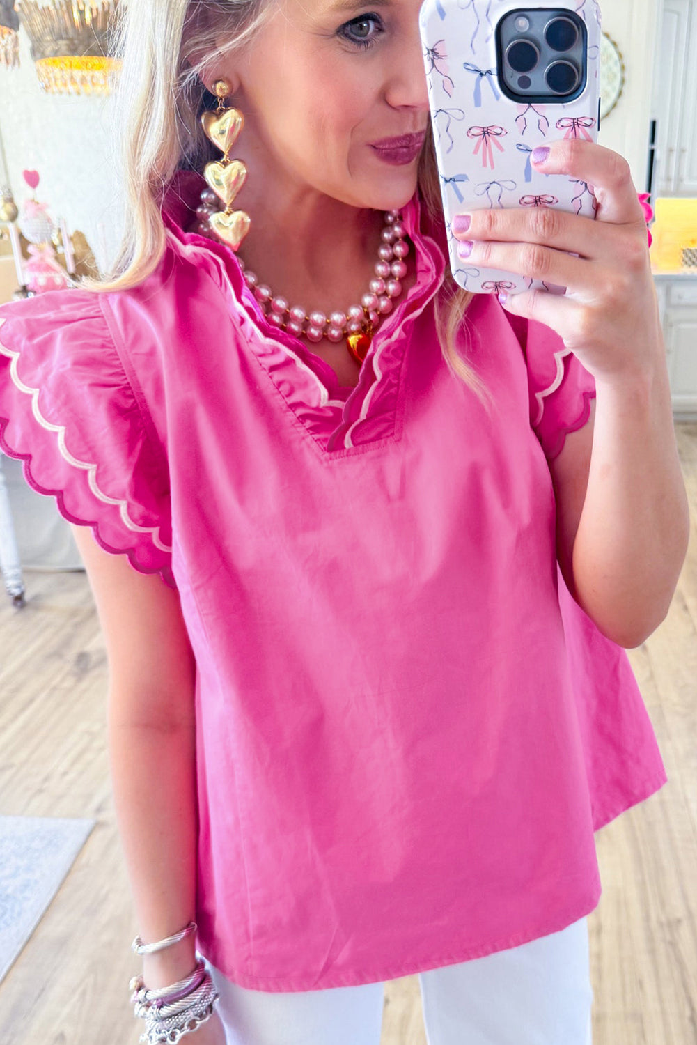 Bright Pink Short Sleeve V Neck Blouse