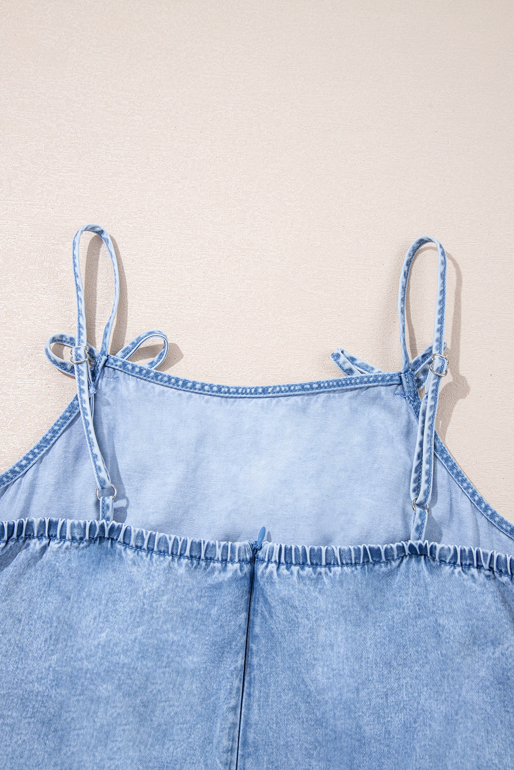 Denim Bow Detail Spaghetti Straps Ruffle Hem Denim Short Dress