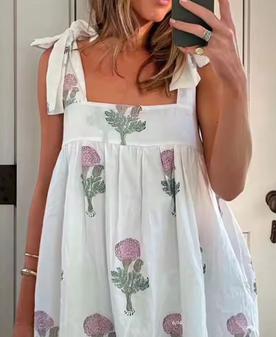 White with Pink Flowers Tie Strap Mini Dress