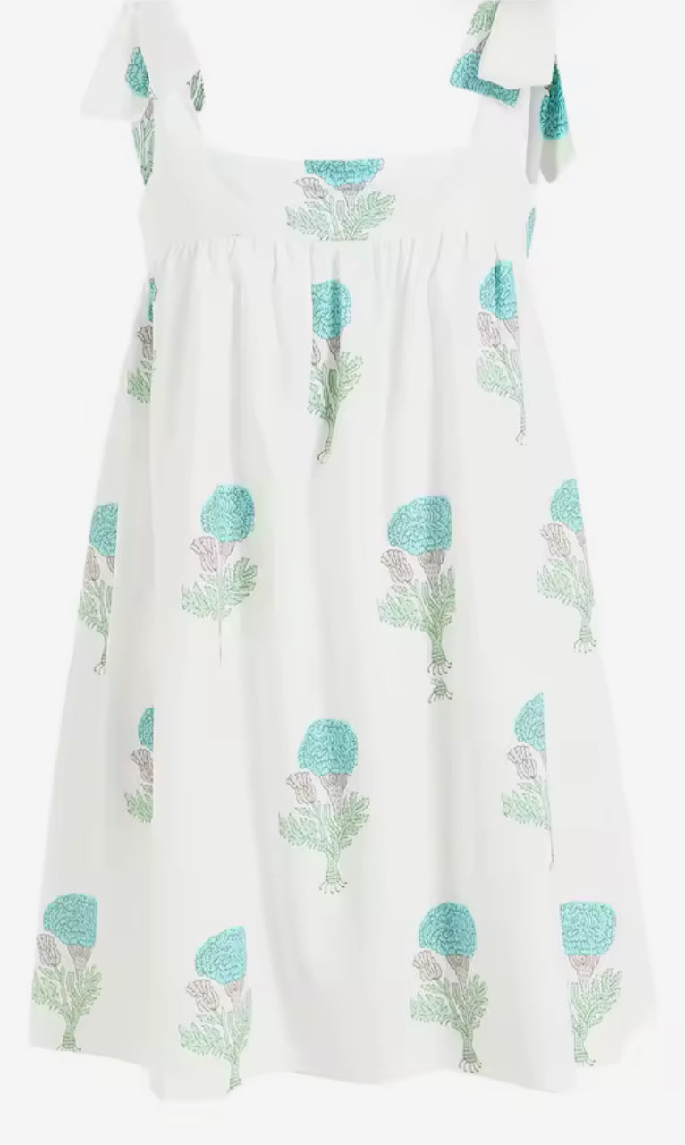 White with Blue Flowers Tie Strap Mini Dress