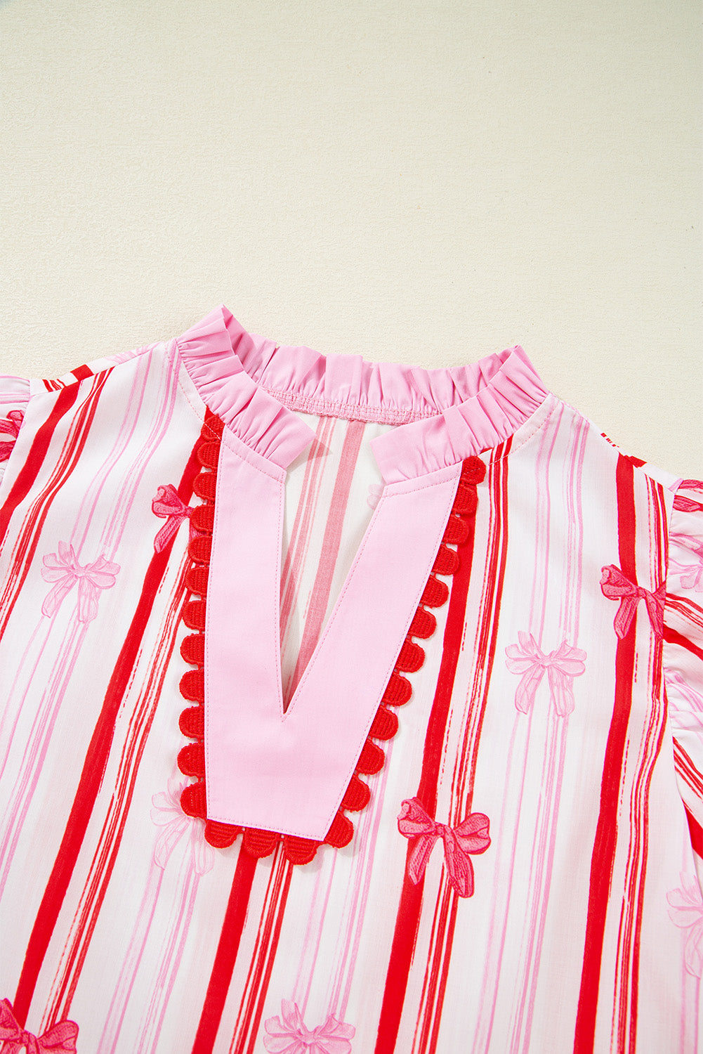 Pink Red Ric-rac Trim Ruffled Sleeve V Neck Bow Striped Printed Blouse