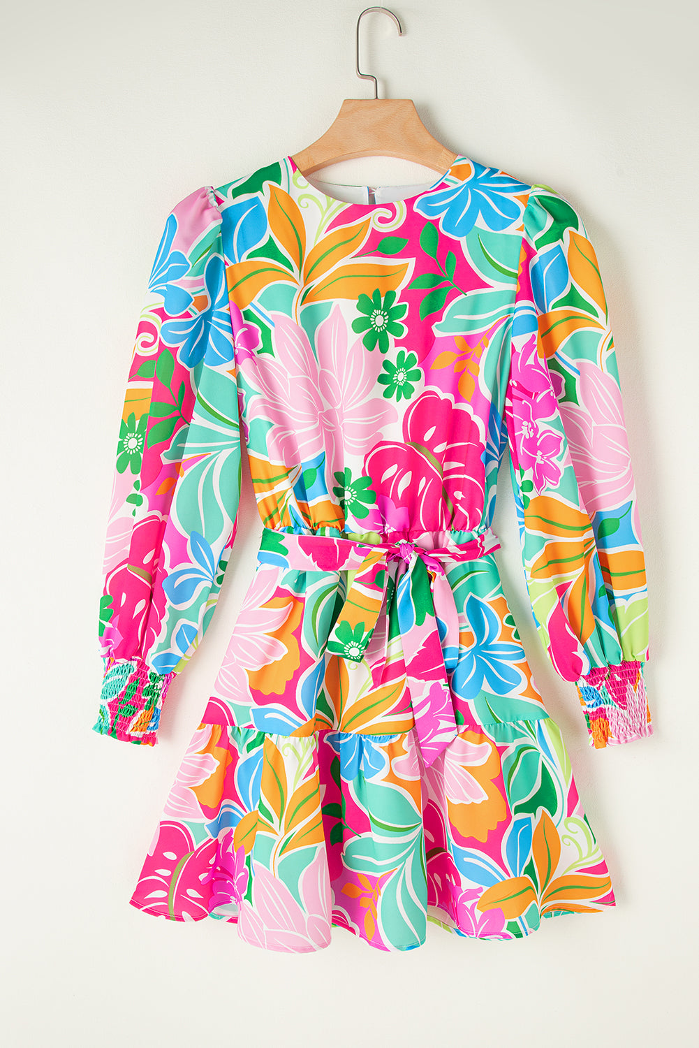 Bright Multicolor Botanical Bubble Sleeve Dress