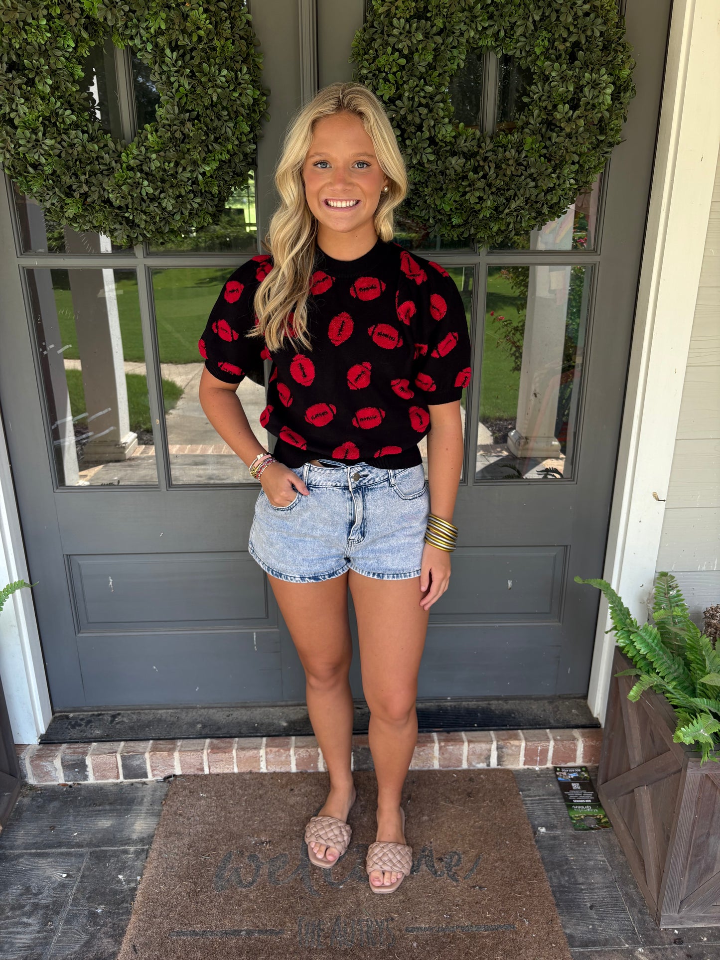 Black with red football short sleeve sweater