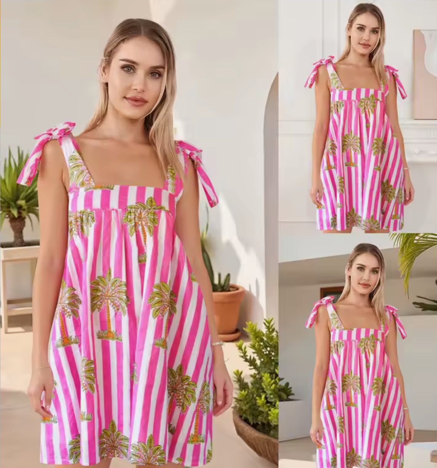 Hot Pink Tie Strap Palm Tree Dress