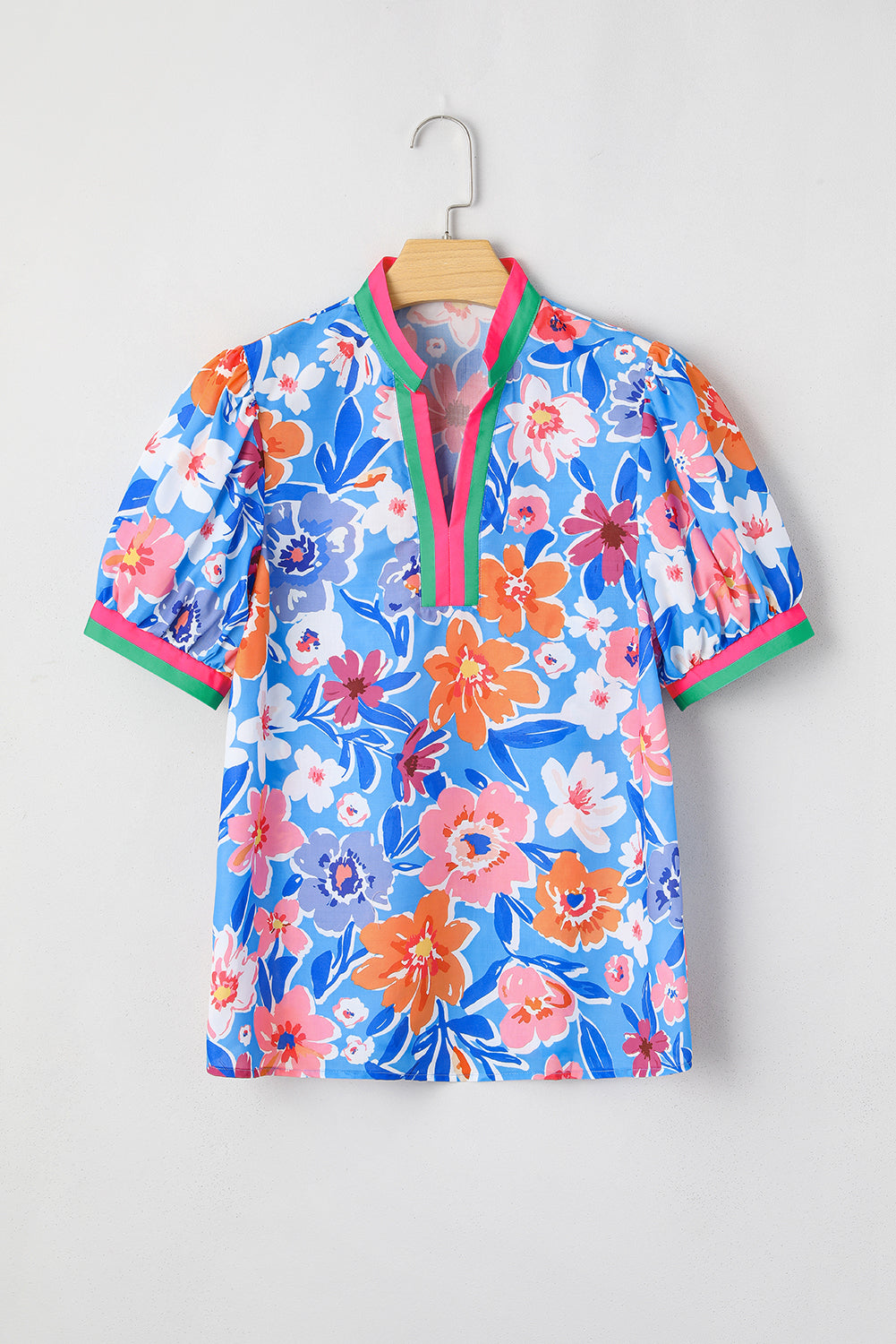 Blue Floral Colorblock Puff Sleeve Top