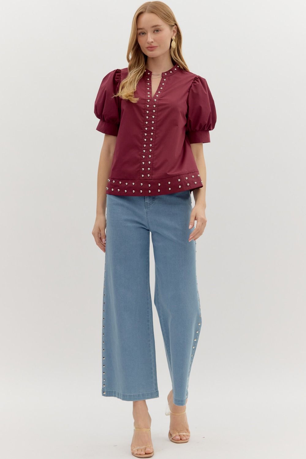Maroon Silver Studded Puff Sleeve Top