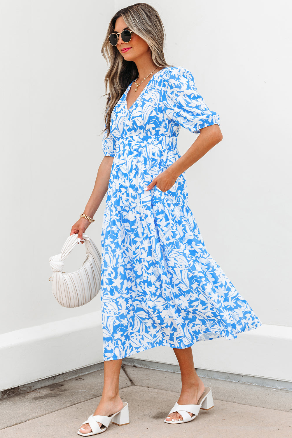Sky Blue Floral Vneck Puff Short Sleeve Long Dress