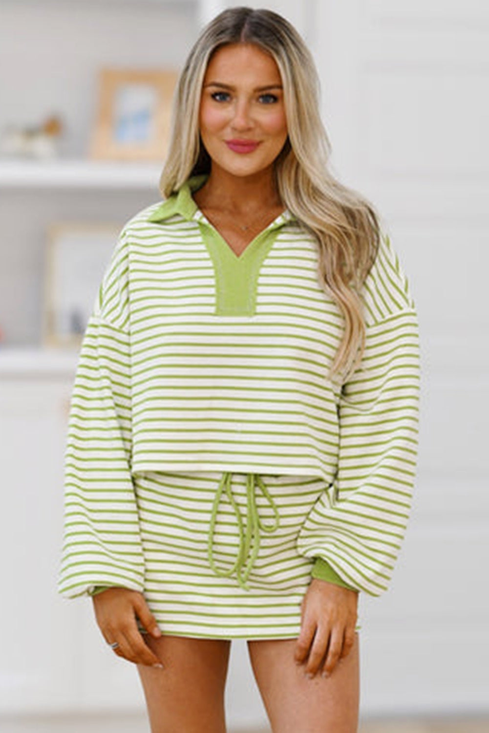Green stripe collared V-Neck Skort Set