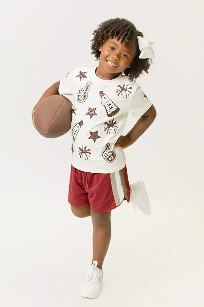 Belle Cher Maroon White Sequin Cheer Shirt