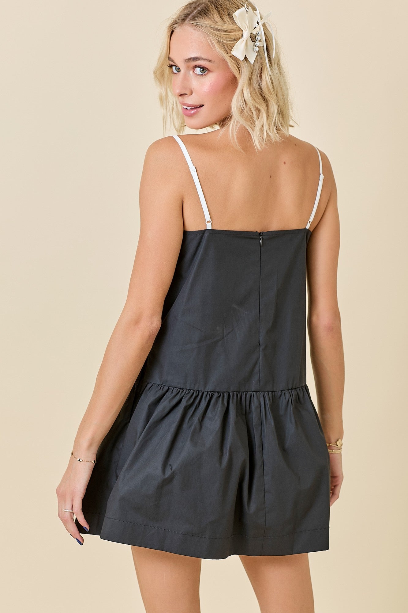 Black Drop Waist Dress W/ Contrast Knotted Edge Detail