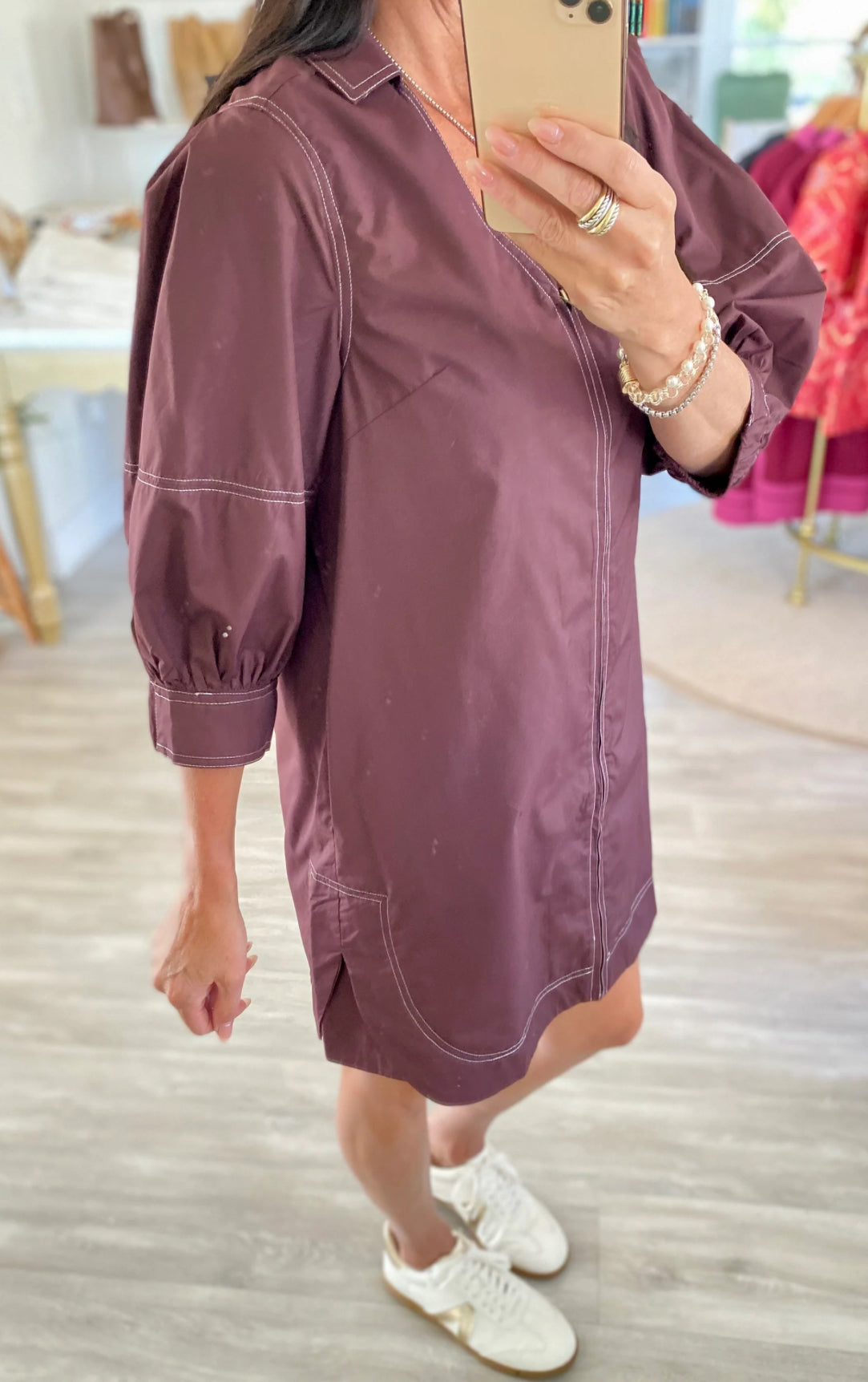 Maroon 3/4 sleeve Zipper Front Dress