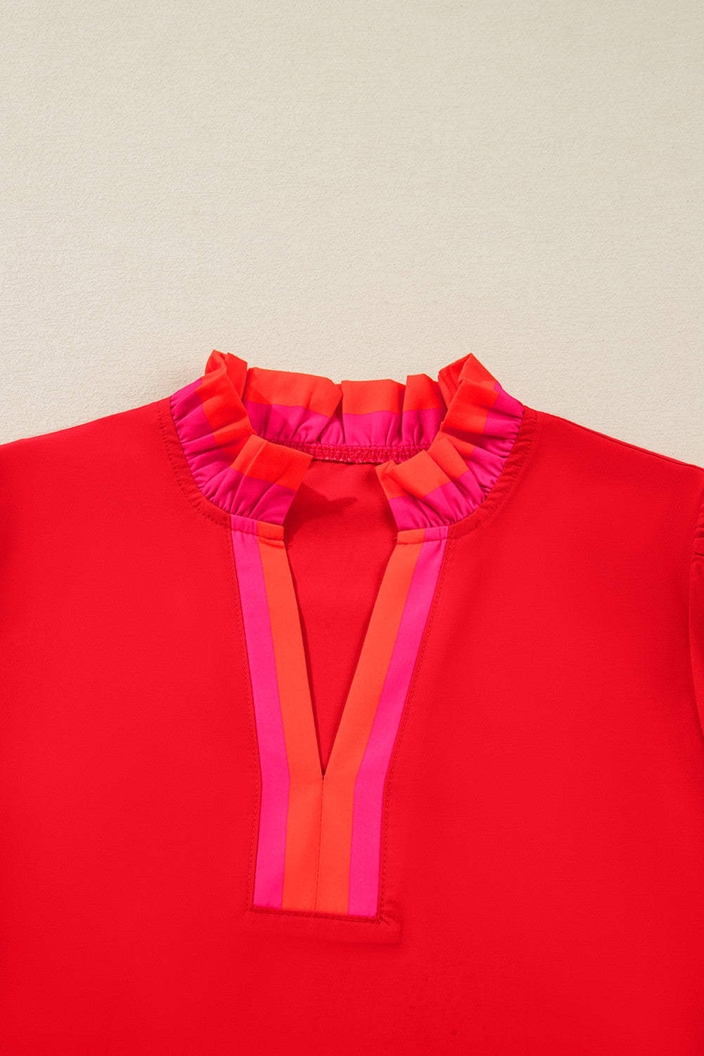 Red Striped Trim Ruffle Split Neck Long Sleeve Blouse