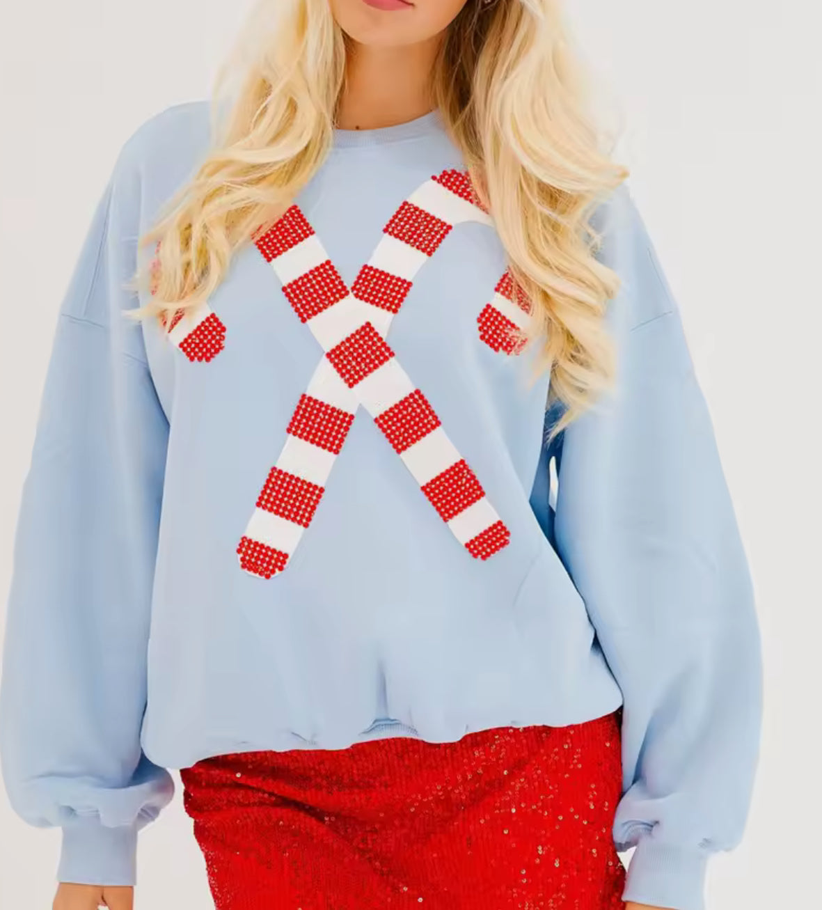 Oversized Light Blue Sequin Candy Cane Sweatshirt