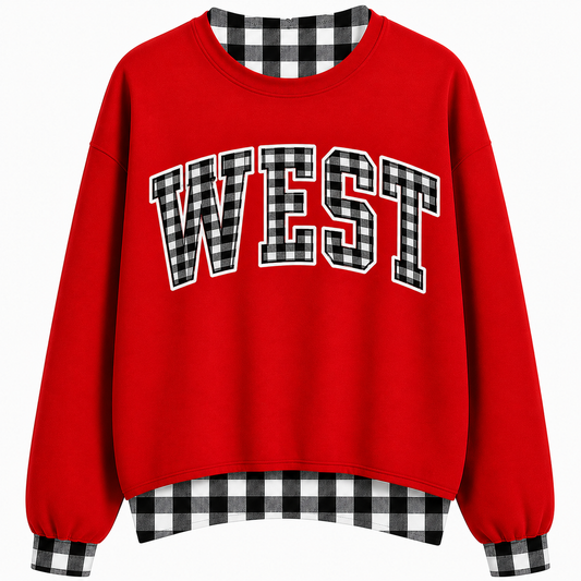 Red Gingham WEST mock neck PREORDER YOUTH and ADULT