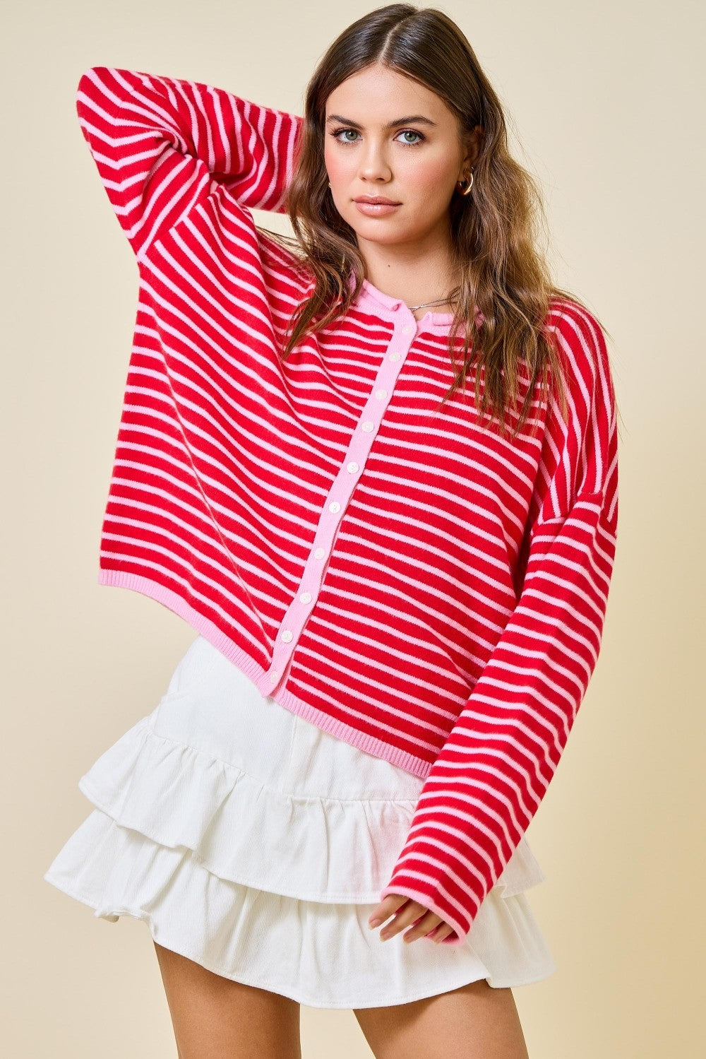 Pink Red Stripe Cardigan