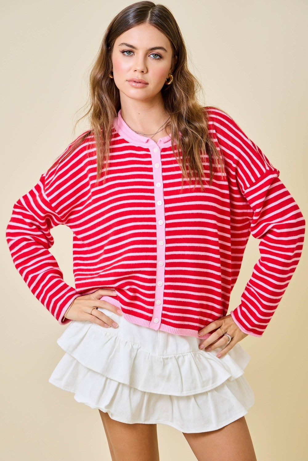 Pink Red Stripe Cardigan