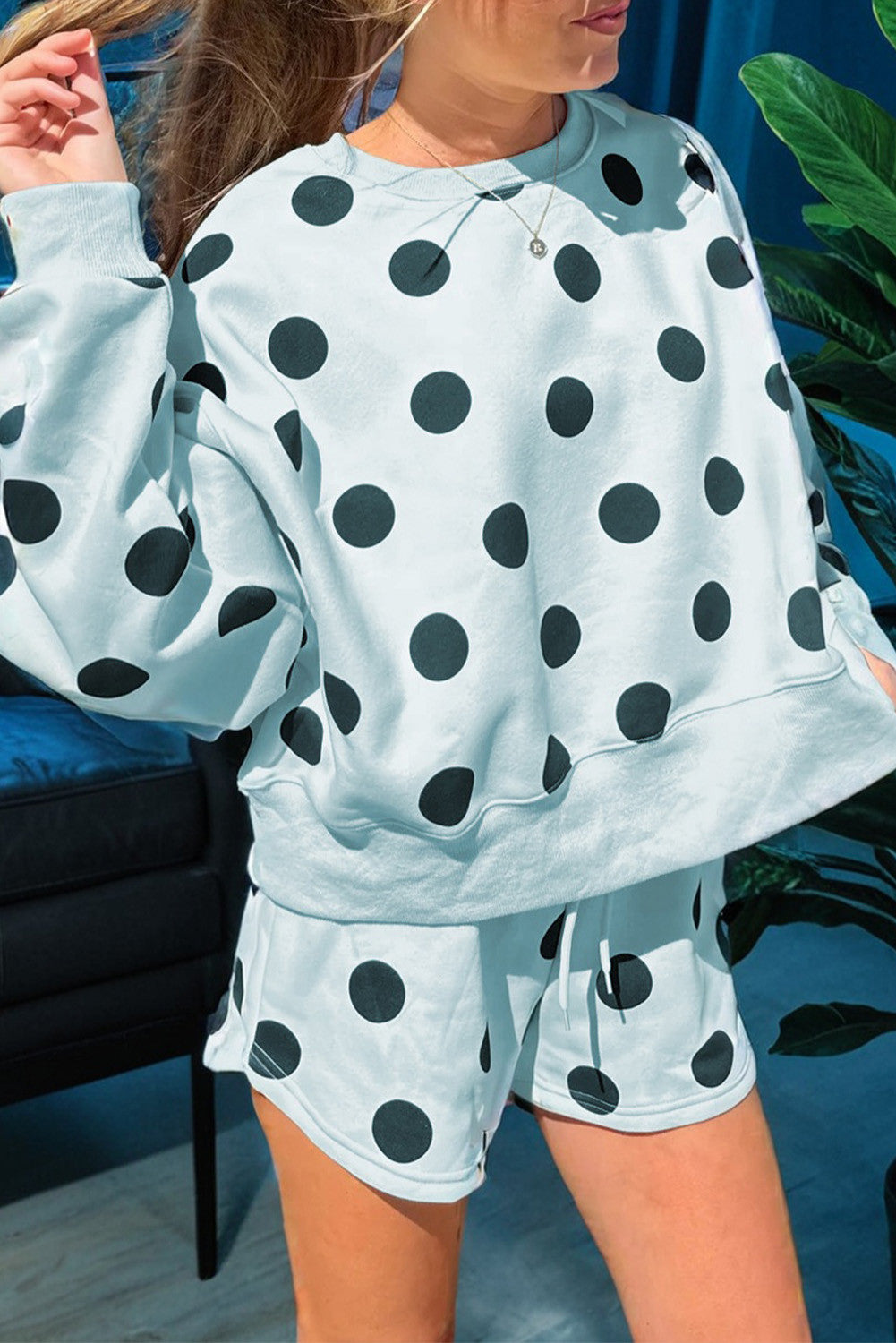 Light Blue Black Polka Dot Shorts Set