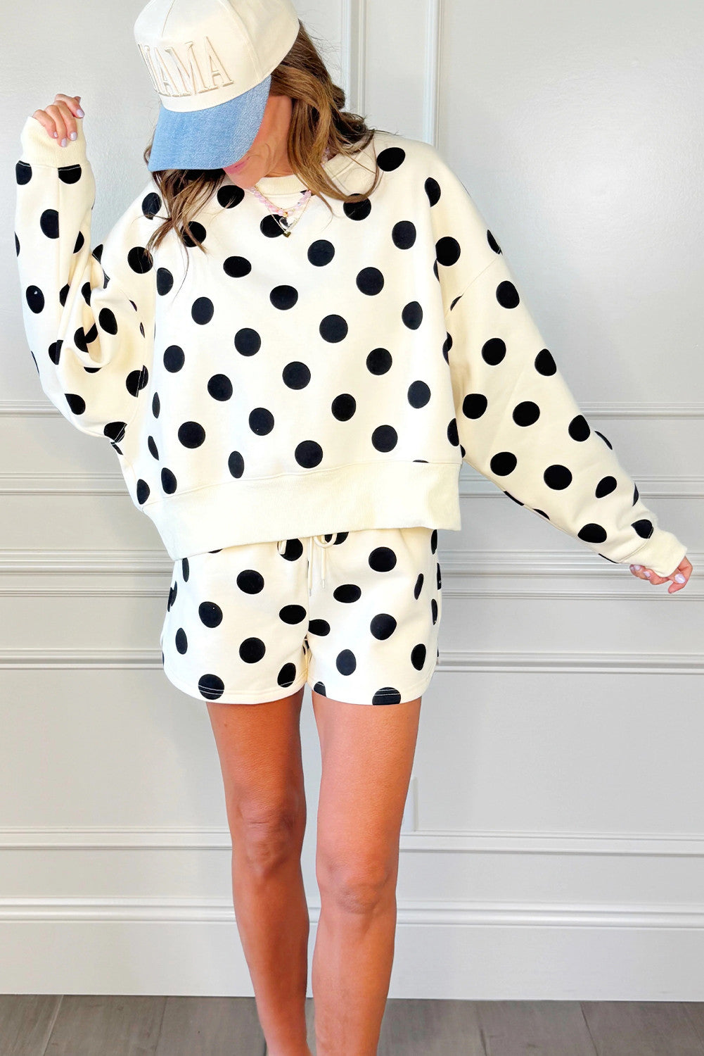 Off White Black Polka Dot Shorts Set