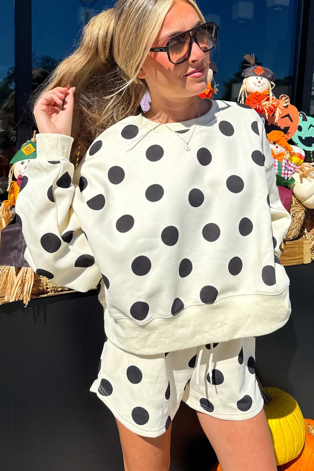 Off White Black Polka Dot Shorts Set