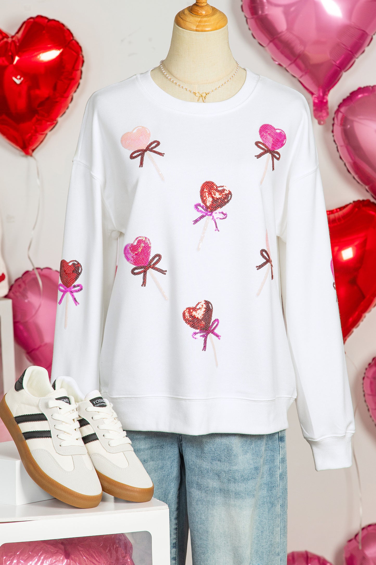 White Multicolor Sequin Heart Lollipop Sweatshirt