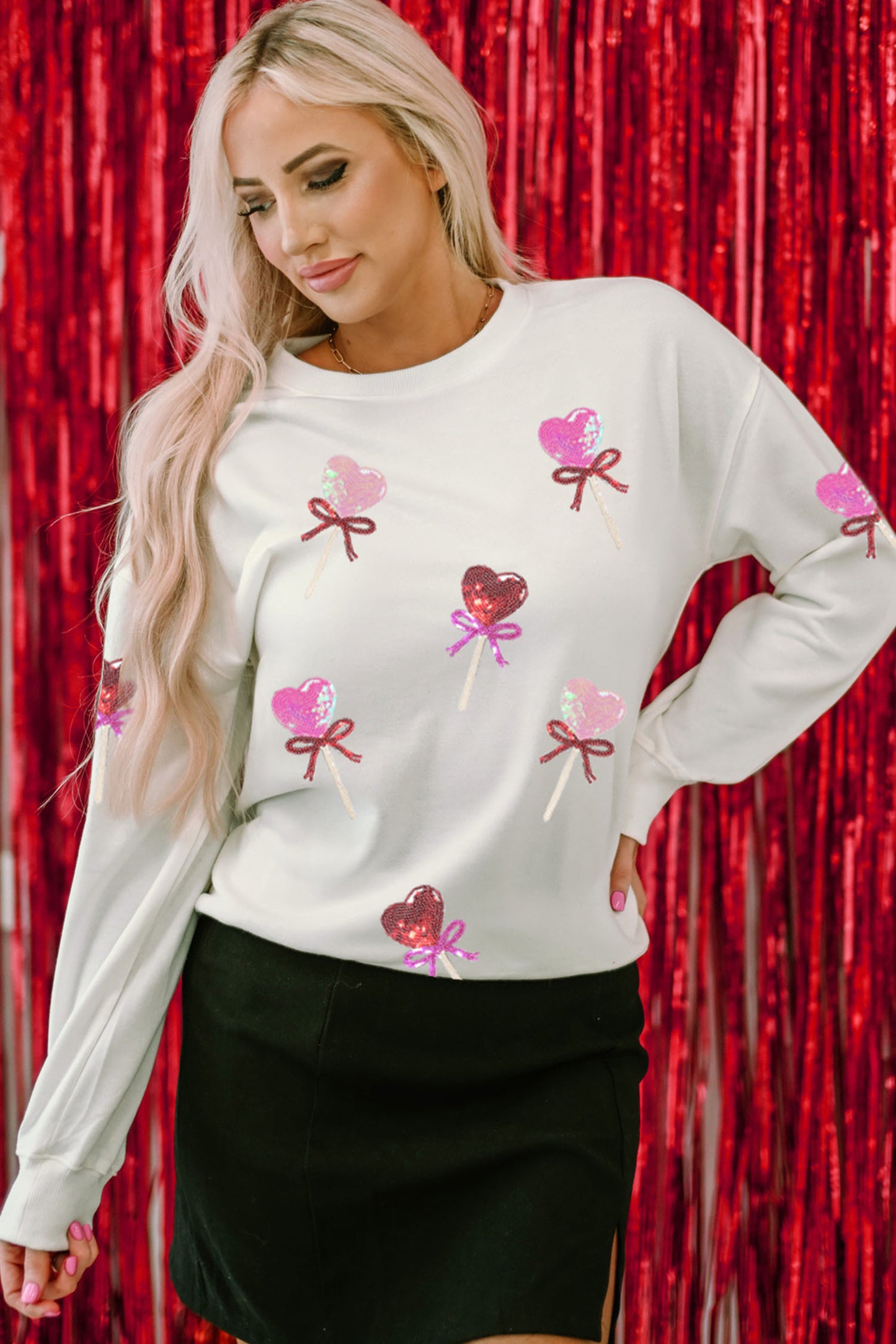 White Multicolor Sequin Heart Lollipop Sweatshirt