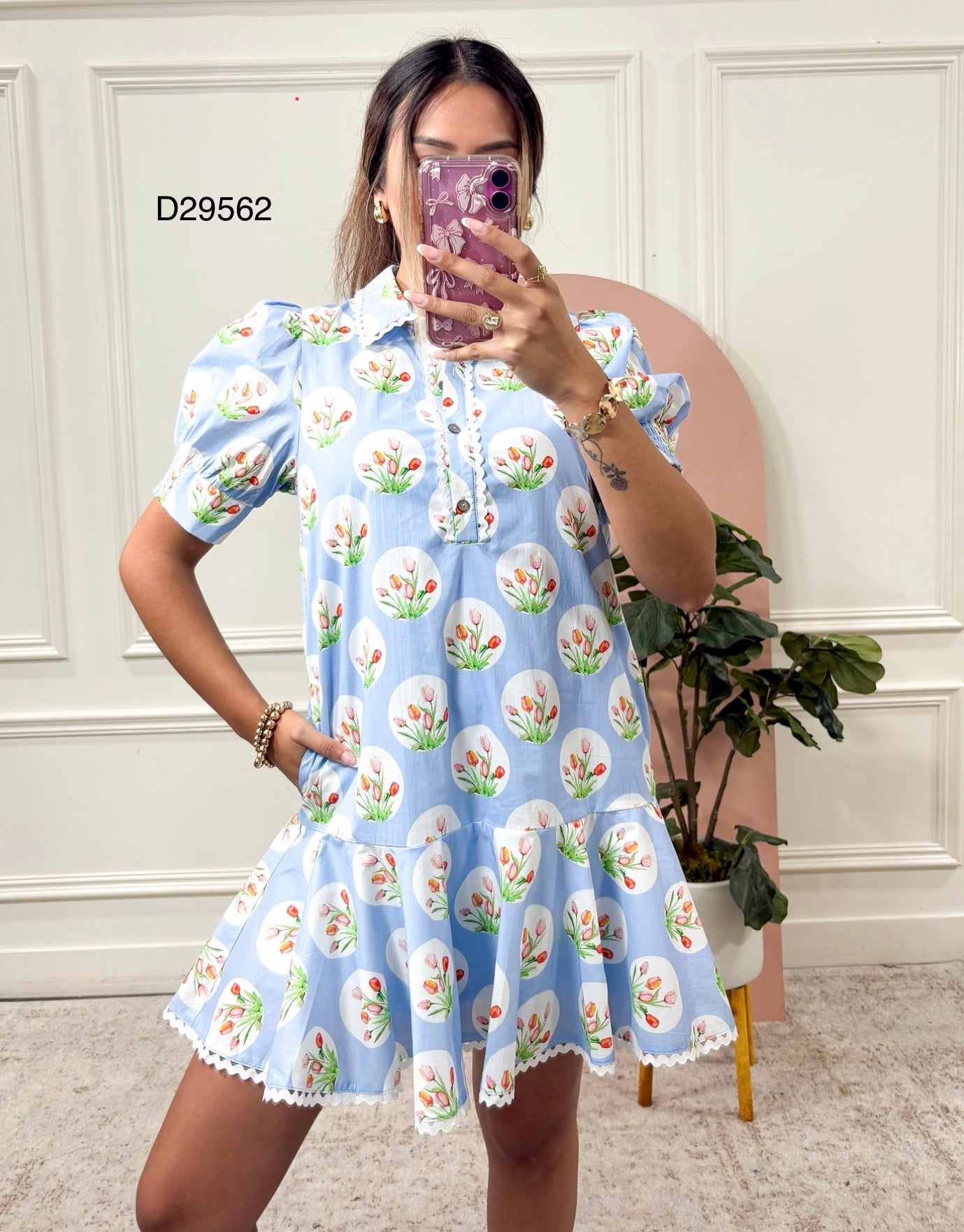 Light Blue Tulip Print Short Puff Sleeve Mini Dress