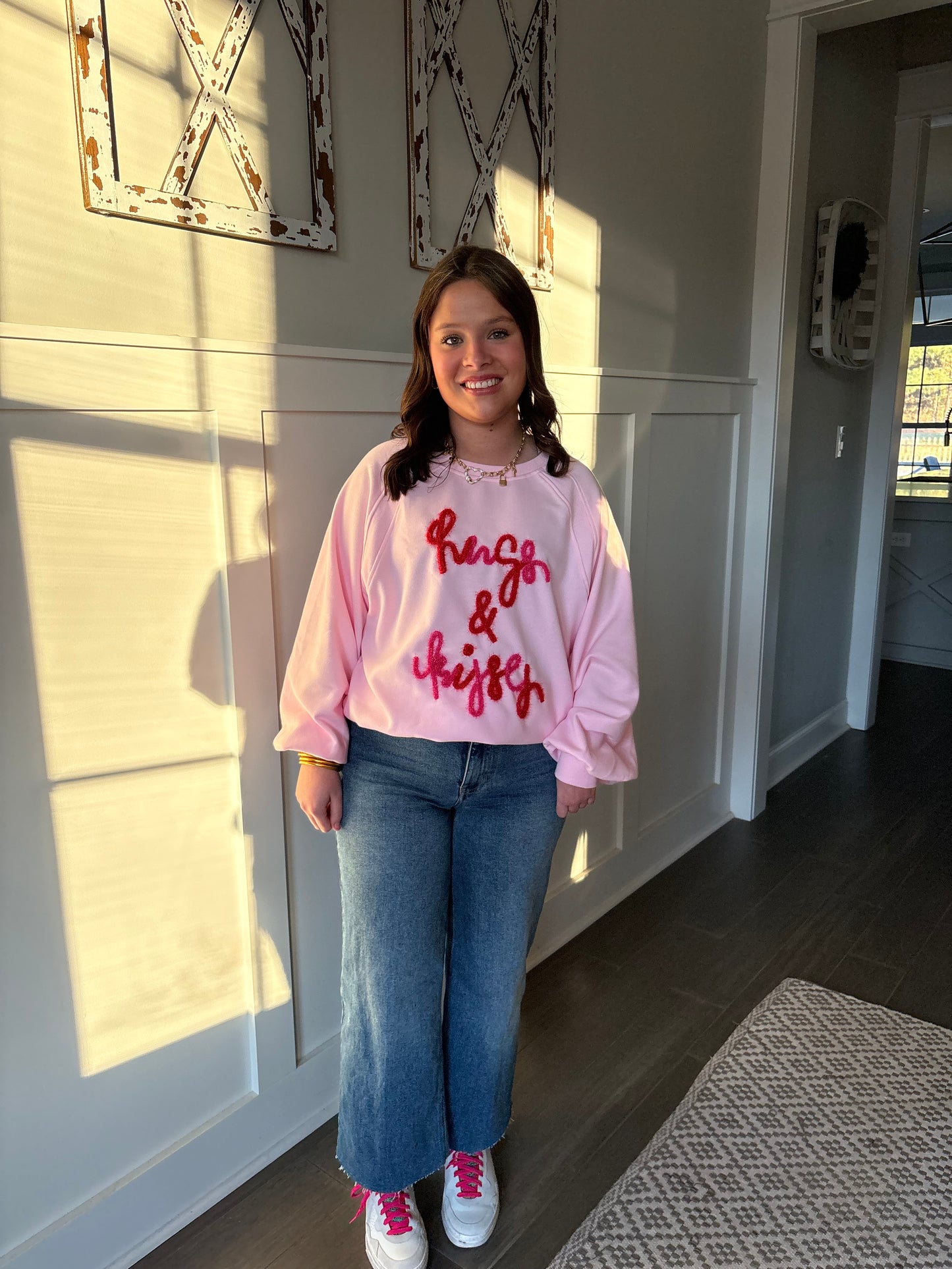 Pink Hugs and Kisses Pop Up Embroidered Raglan Sleeve Sweatshirt