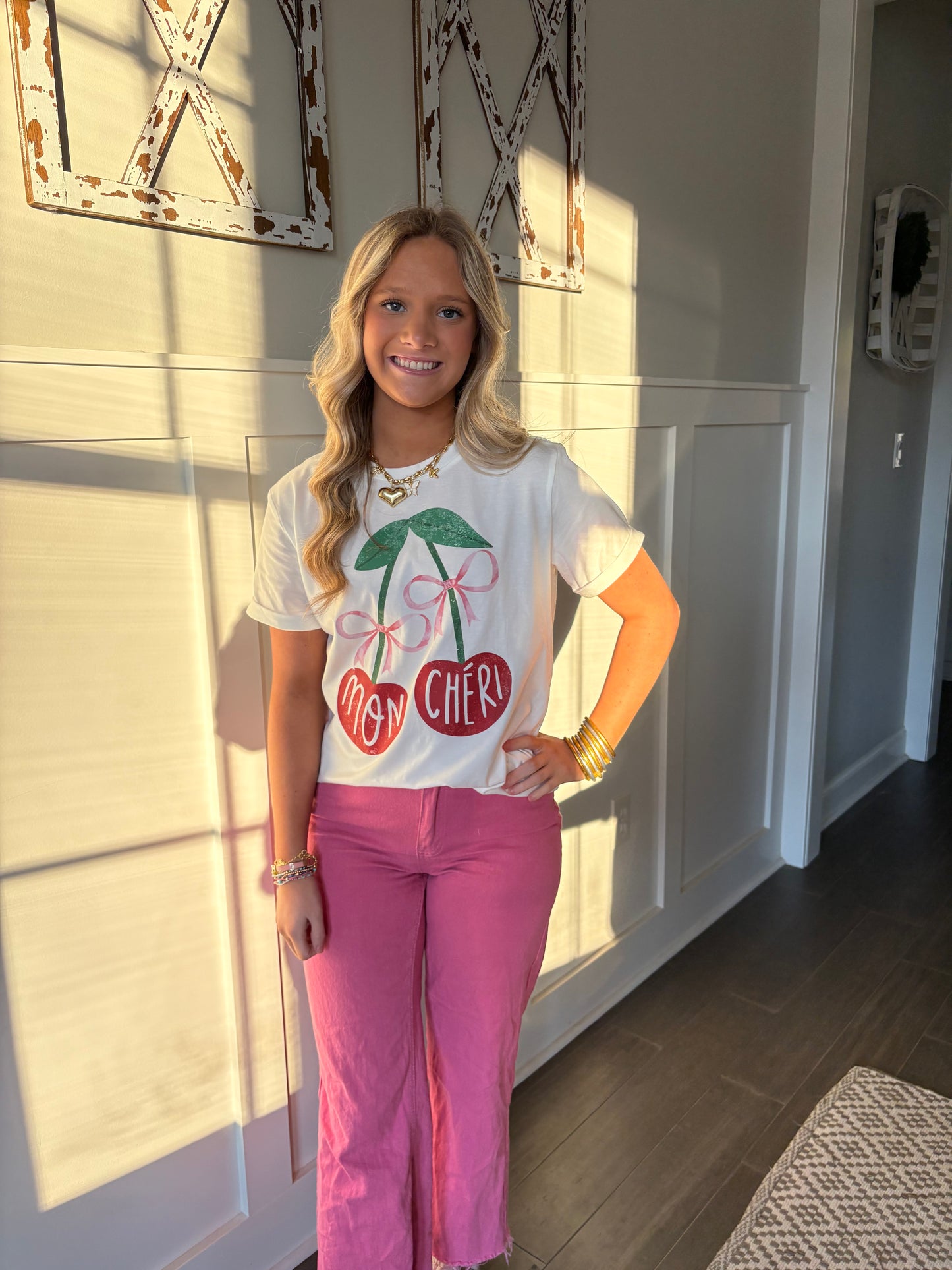 White MON CHERI Cherry Graphic Crewneck T shirt