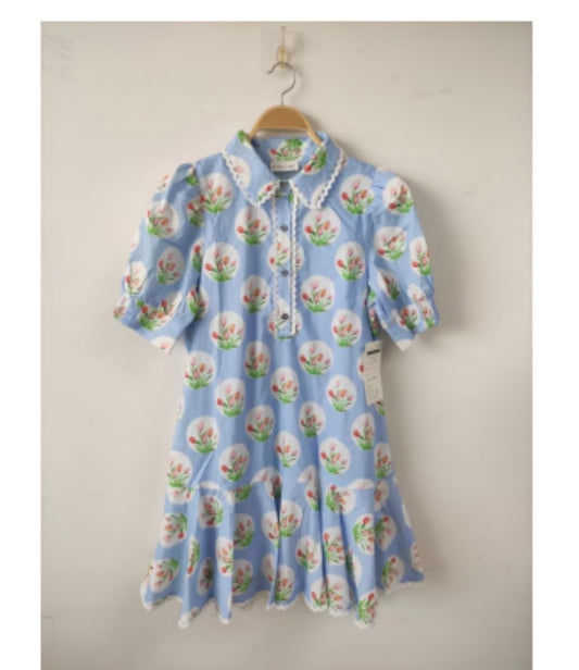 Light Blue Tulip Print Short Puff Sleeve Mini Dress