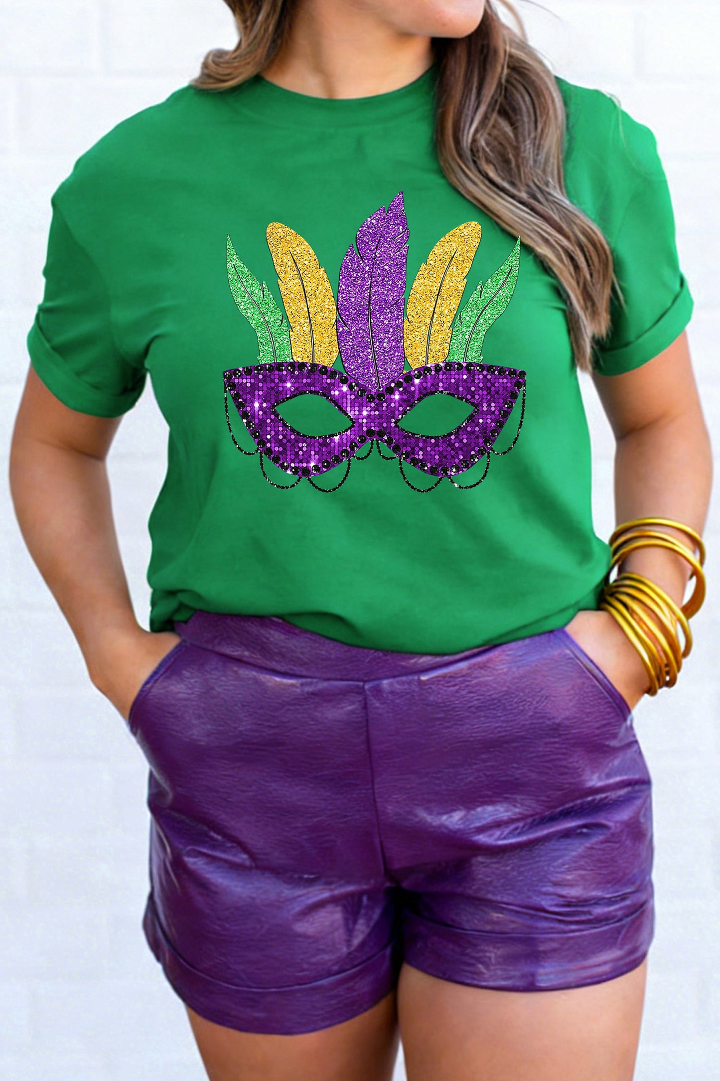 Bright Green Glitter Print Mardi Gras Mask Tee