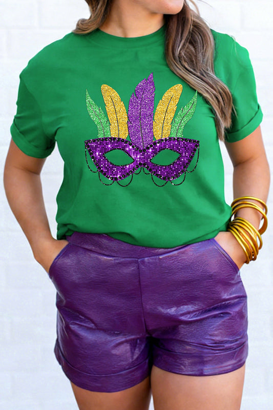 Bright Green Glitter Print Mardi Gras Mask Tee