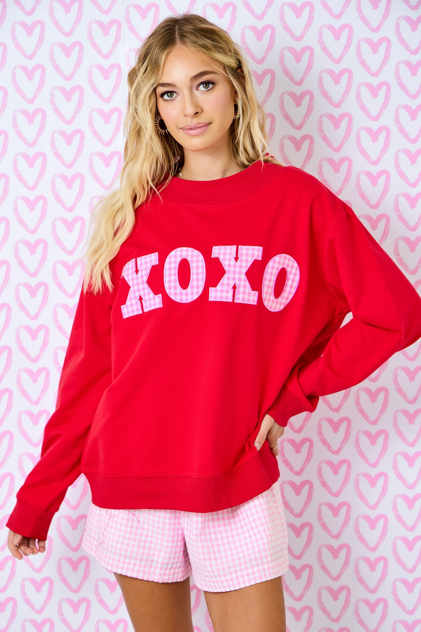 Red Pink Gingham XOXO mockneck