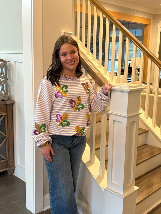 Purple Stripe Sequin Fleur de Lis Patched Pattern Long Sleeve Top